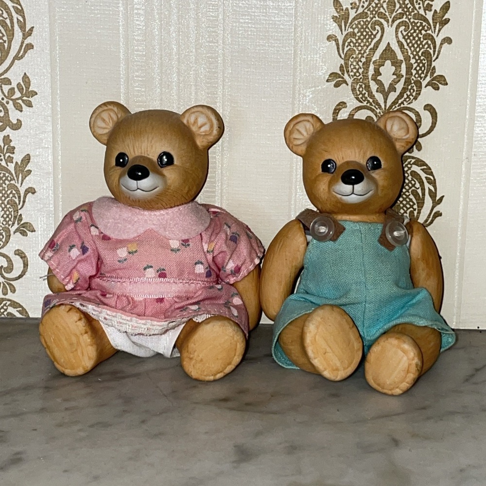 Vtg Ceramic Teddy Bears Articulated Moveable Joints Bib Shorts Pink Dress